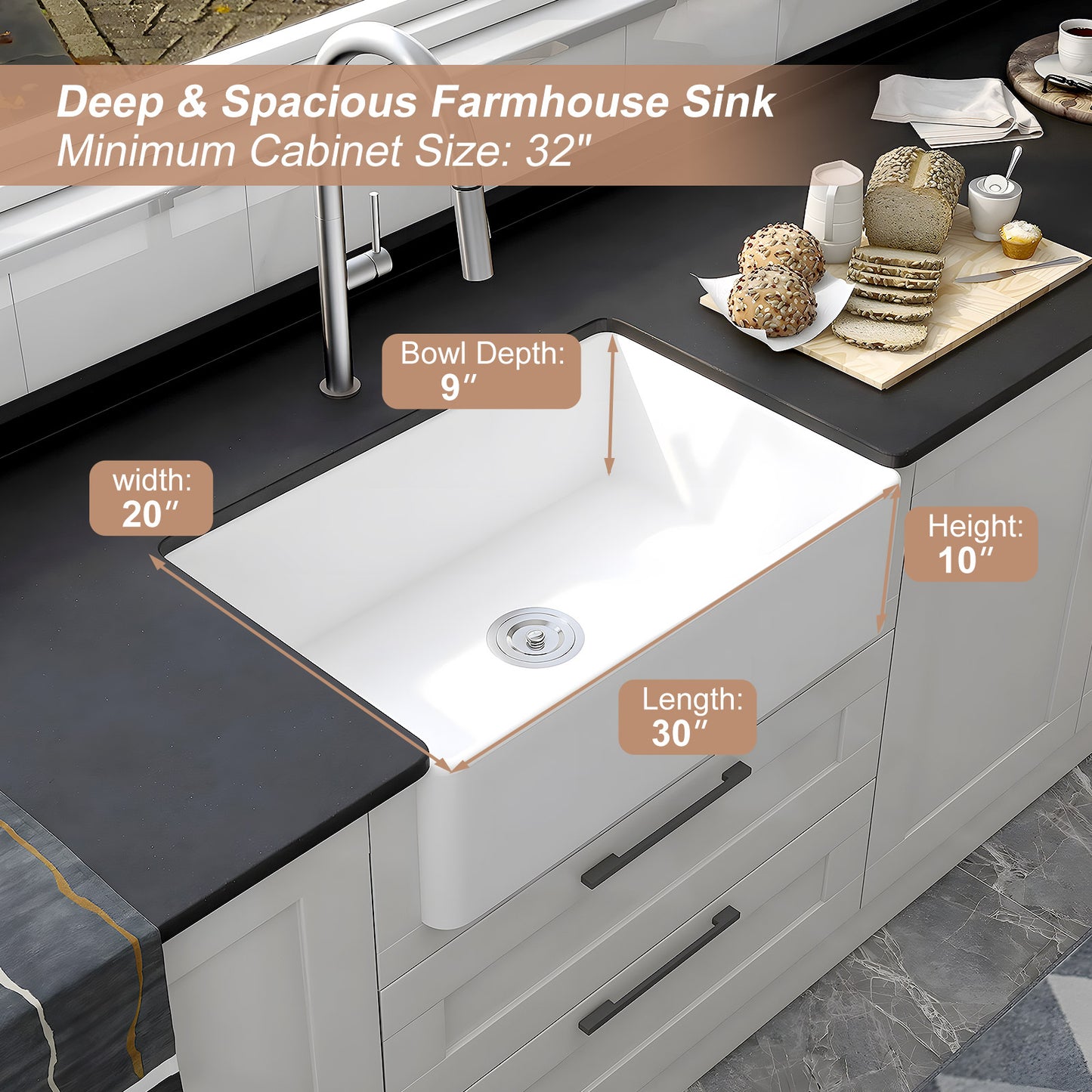 White Fireclay 30 in. x 20 in. Farmhouse Apron Front Single Bowl Kitchen Sink with Bottom Grid and Strainer
