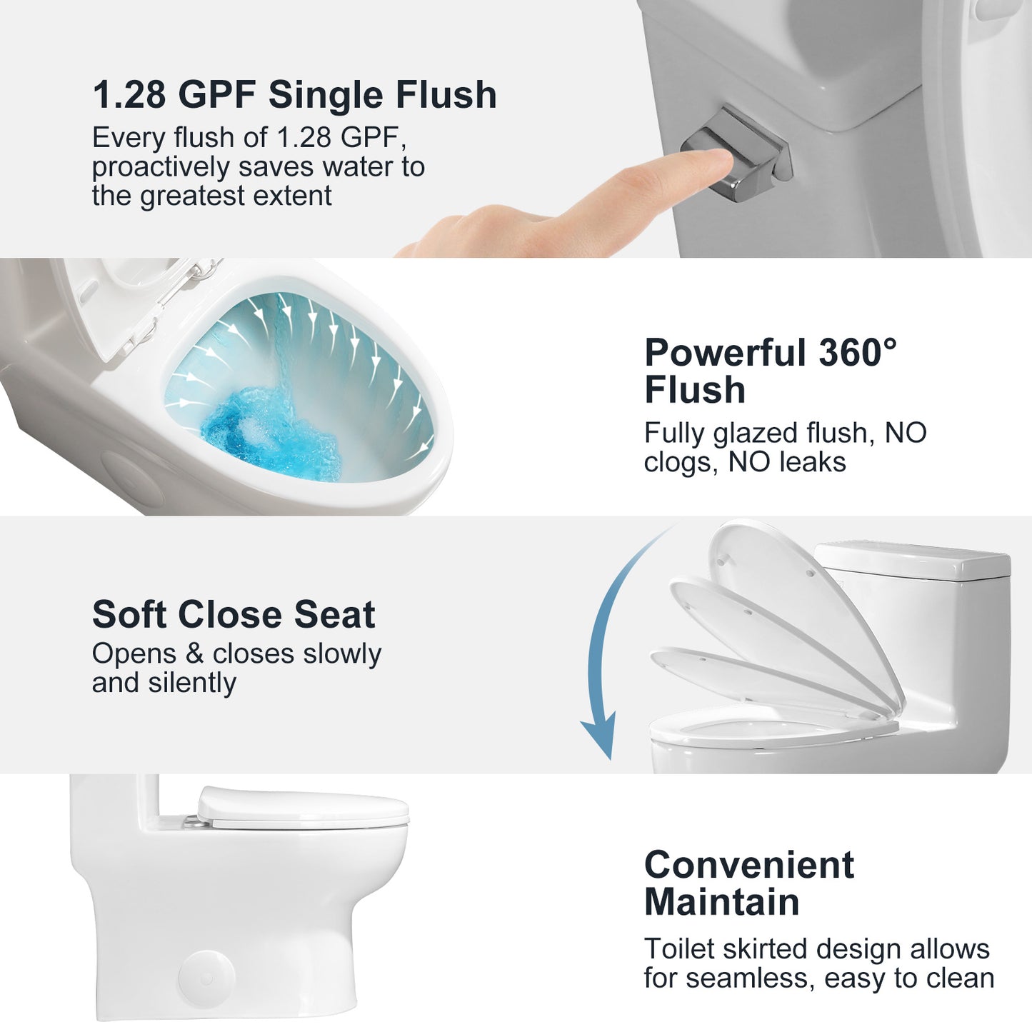 One-Piece 1.28 GPF Single Flush Elongated Toilet in White, Soft Close Seat Included