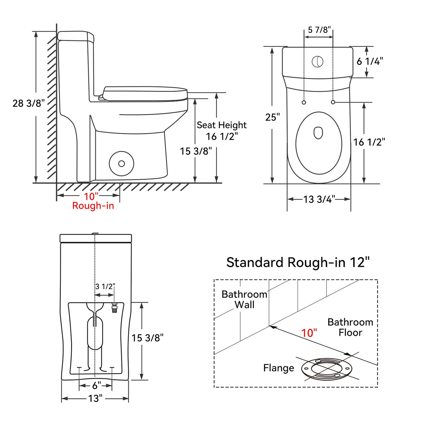 10 in. Rough in 1-Piece 1.1/1.6 GPF Dual Flush Round Toilet in White Soft Close Seat Included
