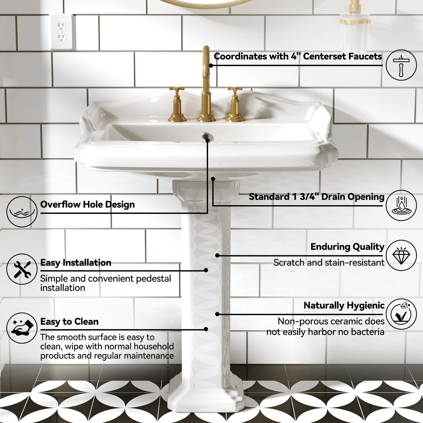 23 in. White Vitreous China Rectangular Pedestal Bathroom Sink With Overflow