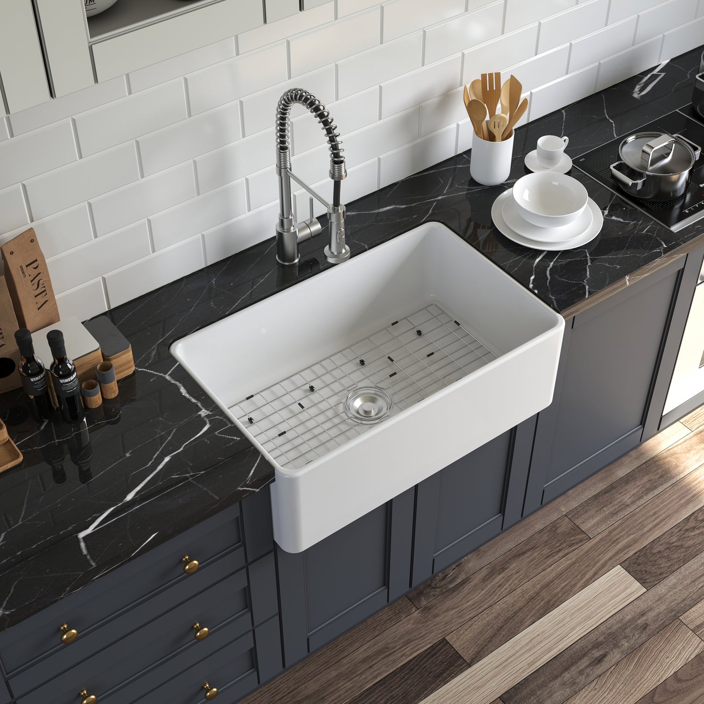 White Fireclay 30 in. x 20 in. Farmhouse Apron Front Single Bowl Kitchen Sink with Bottom Grid and Strainer