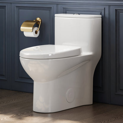1-Piece 1.1/1.6 GPF Dual Flush Compact Elongated WaterSense Toilet in White Soft Close Seat Included