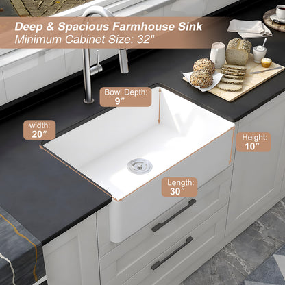White Fireclay 30 in. x 20 in. Farmhouse Apron Front Single Bowl Kitchen Sink with Bottom Grid and Strainer