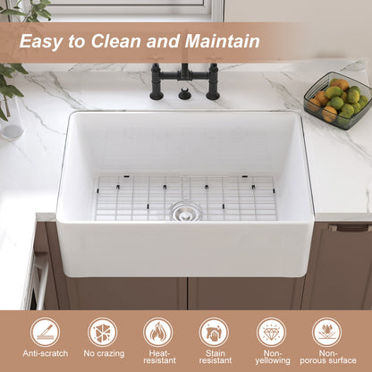 White Fireclay 30 in. x 20 in. Farmhouse Apron Front Single Bowl Kitchen Sink with Bottom Grid and Strainer