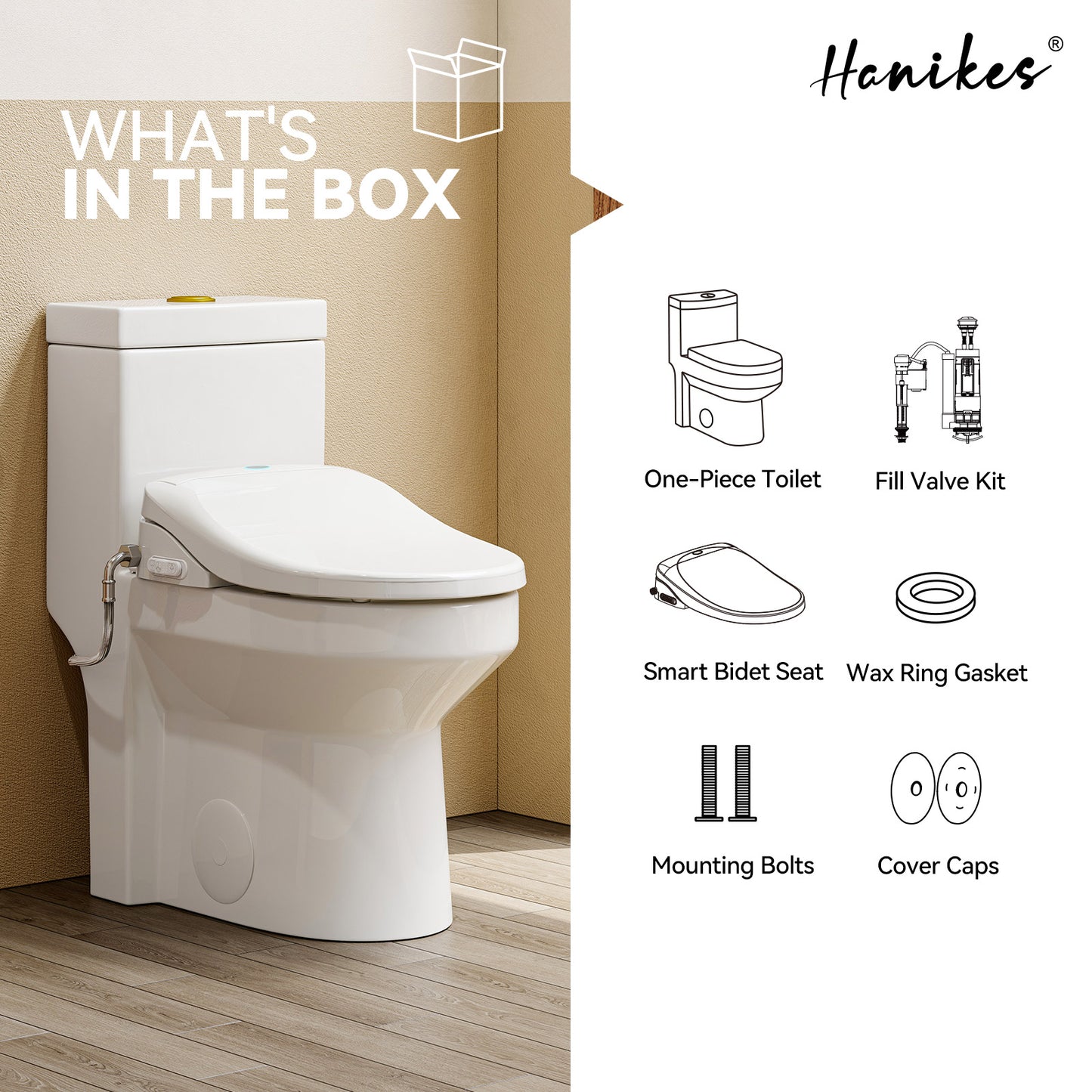 Round Smart Bidet Toilet Combo Dual Flush 1.1/1.6 GPF in White with Electric Bidet Seat, Warm Air Dryer
