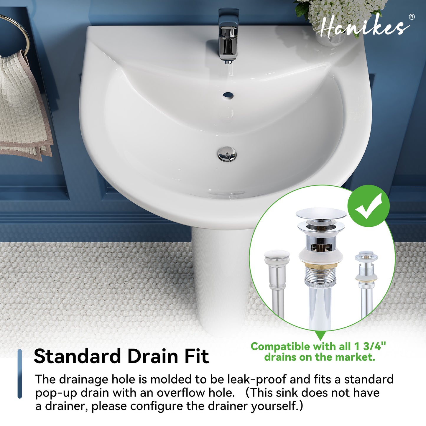 20 1/2 in. White Vitreous China Pedestal Combo Bathroom Sink in U-Shape Design with Overflow