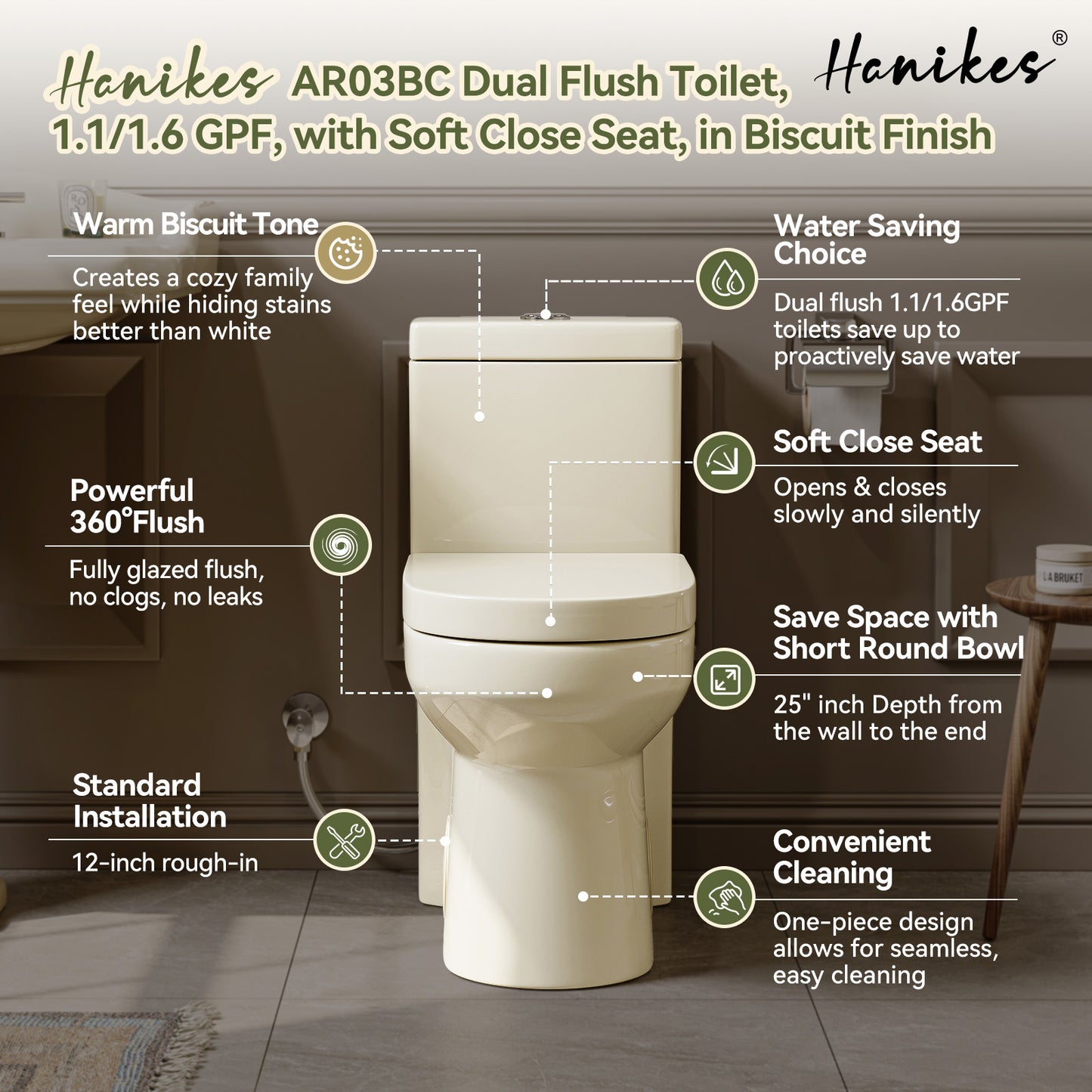 1-Piece 1.1/1.6 GPF Dual Flush Compact Round Toilet in Biscuit Soft Close Seat Included