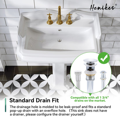 23 in. White Vitreous China Rectangular Pedestal Bathroom Sink With Overflow