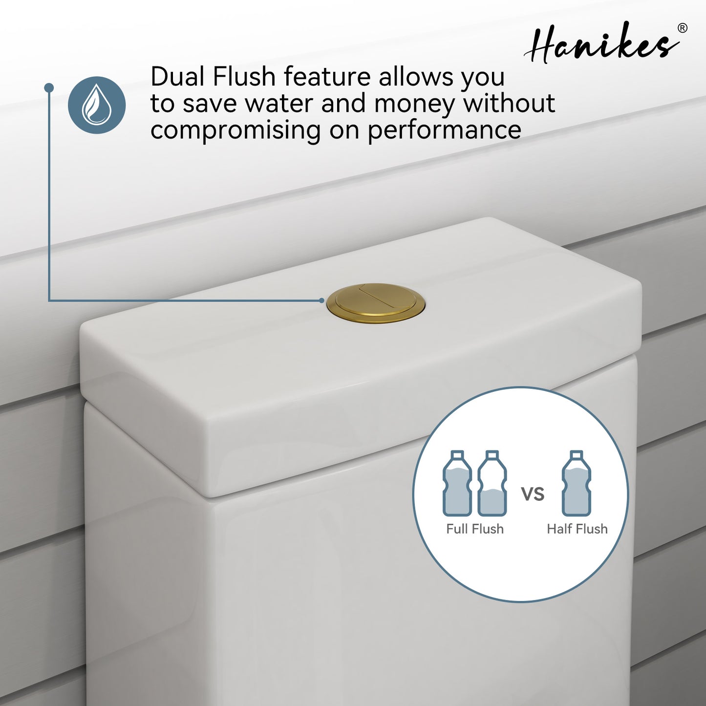 One-Piece 1.1/1.6 GPF Dual Flush Round Toilet in White, Seat Included, with Brushed Gold Button