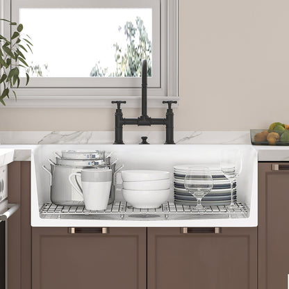 White Fireclay 30 in. x 20 in. Farmhouse Apron Front Single Bowl Kitchen Sink with Bottom Grid and Strainer