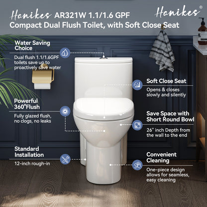 1-Piece 1.1/1.6 GPF Dual Flush Compact Elongated WaterSense Toilet in White Soft Close Seat Included