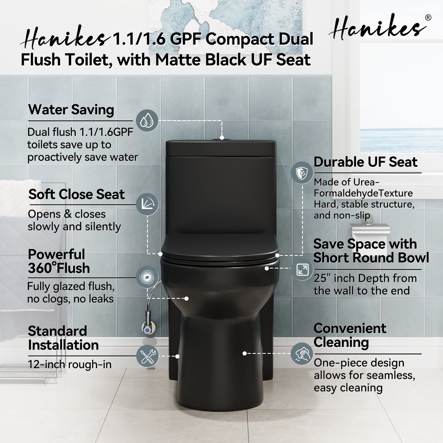 1-Piece 1.1/1.6 GPF Dual Flush Compact Round Toilet in Black Soft Close Seat Included