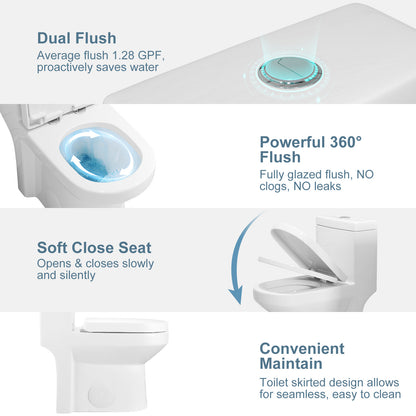 One-Piece 1.1/1.6 GPF Dual Flush Round Toilet in White Soft Close Seat Included