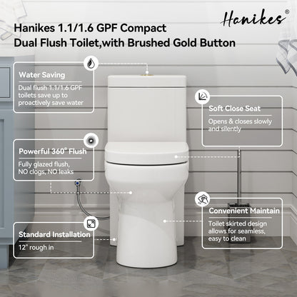 One-Piece 1.1/1.6 GPF Dual Flush Round Toilet in White, Seat Included, with Brushed Gold Button