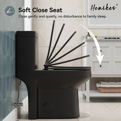 1-Piece 1.1/1.6 GPF Dual Flush Compact Round Toilet in Black Soft Close Seat Included