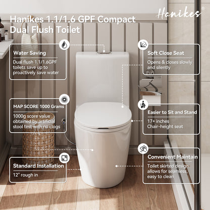 1-Piece 1.1/1.6 GPF Dual Flush Elongated High Efficiency WaterSense Toilet in Glossy White, Seat Included