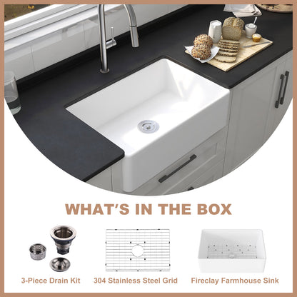 White Fireclay 30 in. x 20 in. Farmhouse Apron Front Single Bowl Kitchen Sink with Bottom Grid and Strainer