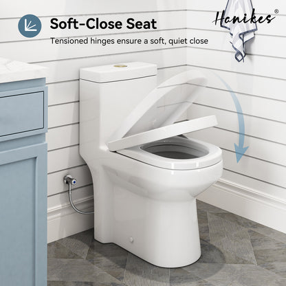 One-Piece 1.1/1.6 GPF Dual Flush Round Toilet in White, Seat Included, with Brushed Gold Button