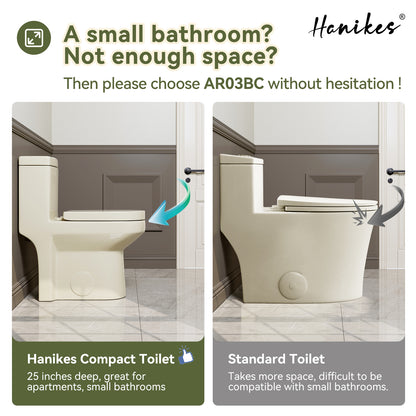 1-Piece 1.1/1.6 GPF Dual Flush Compact Round Toilet in Biscuit Soft Close Seat Included