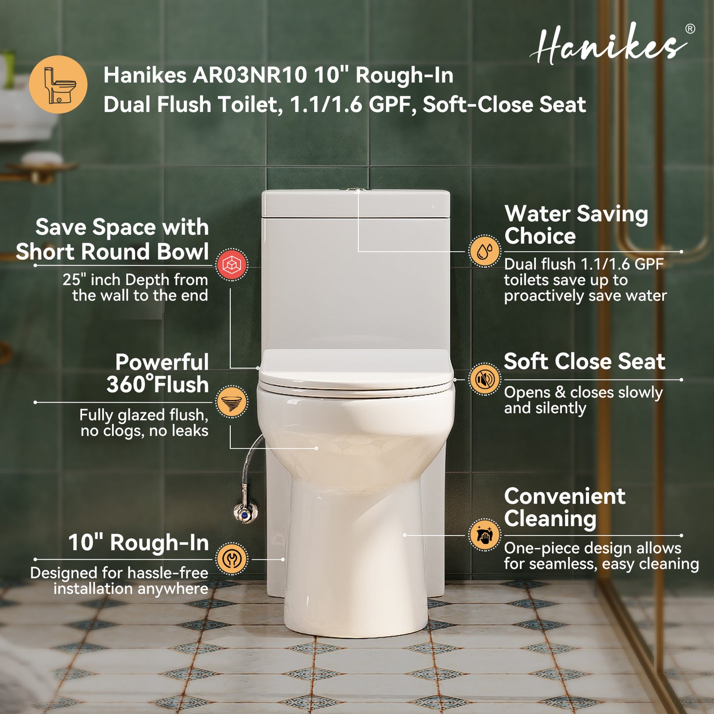 10 in. Rough in 1-Piece 1.1/1.6 GPF Dual Flush Round Toilet in White Soft Close Seat Included