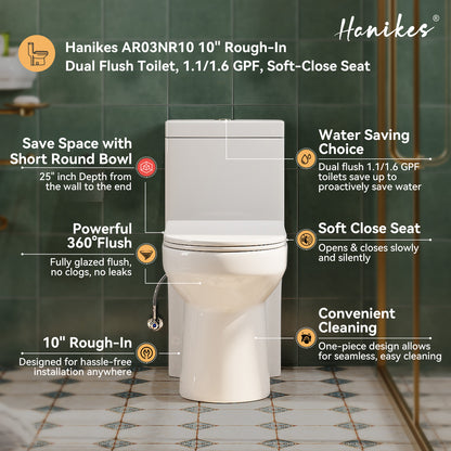 10 in. Rough in 1-Piece 1.1/1.6 GPF Dual Flush Round Toilet in White Soft Close Seat Included