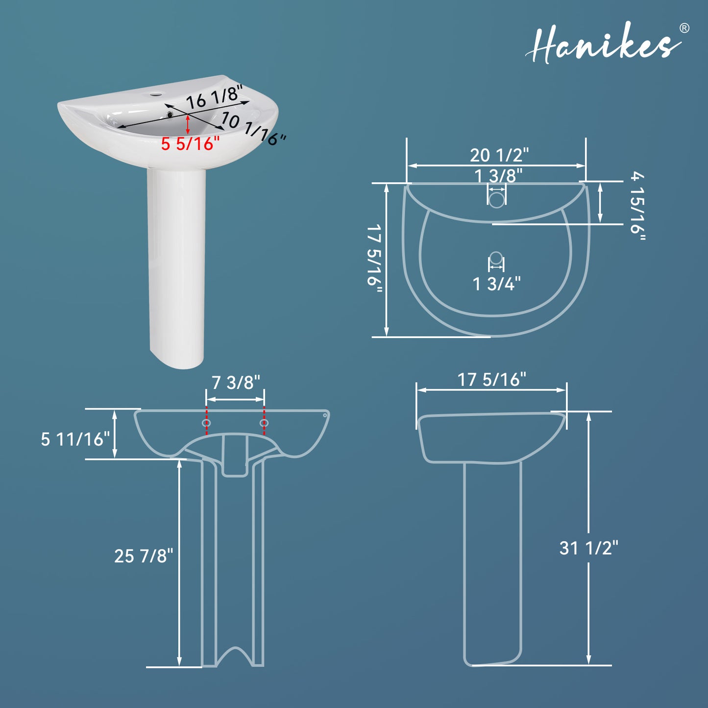 20 1/2 in. White Vitreous China Pedestal Combo Bathroom Sink in U-Shape Design with Overflow