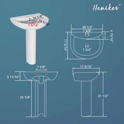 20 1/2 in. White Vitreous China Pedestal Combo Bathroom Sink in U-Shape Design with Overflow