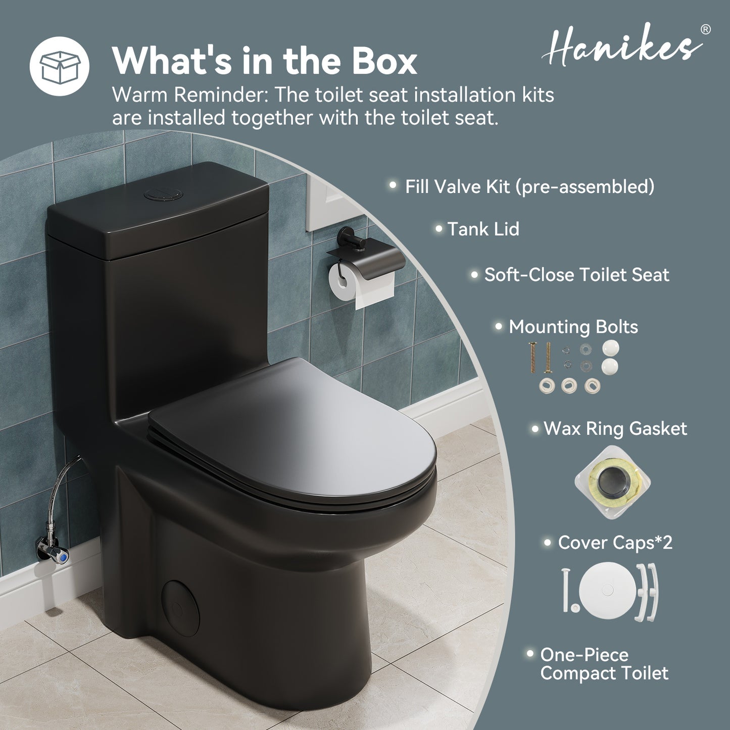 1-Piece 1.1/1.6 GPF Dual Flush Compact Round Toilet in Black Soft Close Seat Included