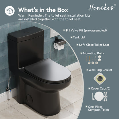 1-Piece 1.1/1.6 GPF Dual Flush Compact Round Toilet in Black Soft Close Seat Included