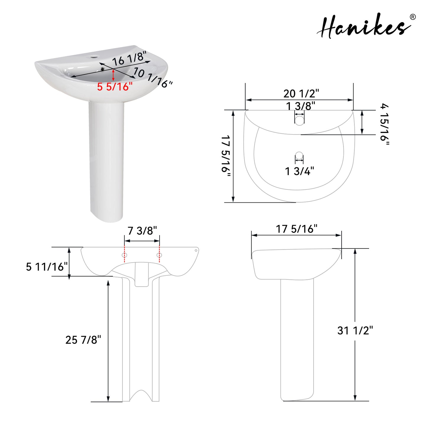20 1/2 in. White Vitreous China Pedestal Combo Bathroom Sink in U-Shape Design with Overflow