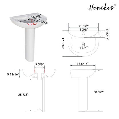 20 1/2 in. White Vitreous China Pedestal Combo Bathroom Sink in U-Shape Design with Overflow