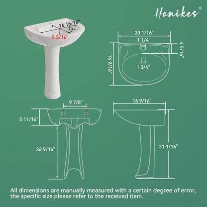 Classic 20 in. Tall U-Shape White Vitreous China Pedestal Bathroom Sink With Overflow