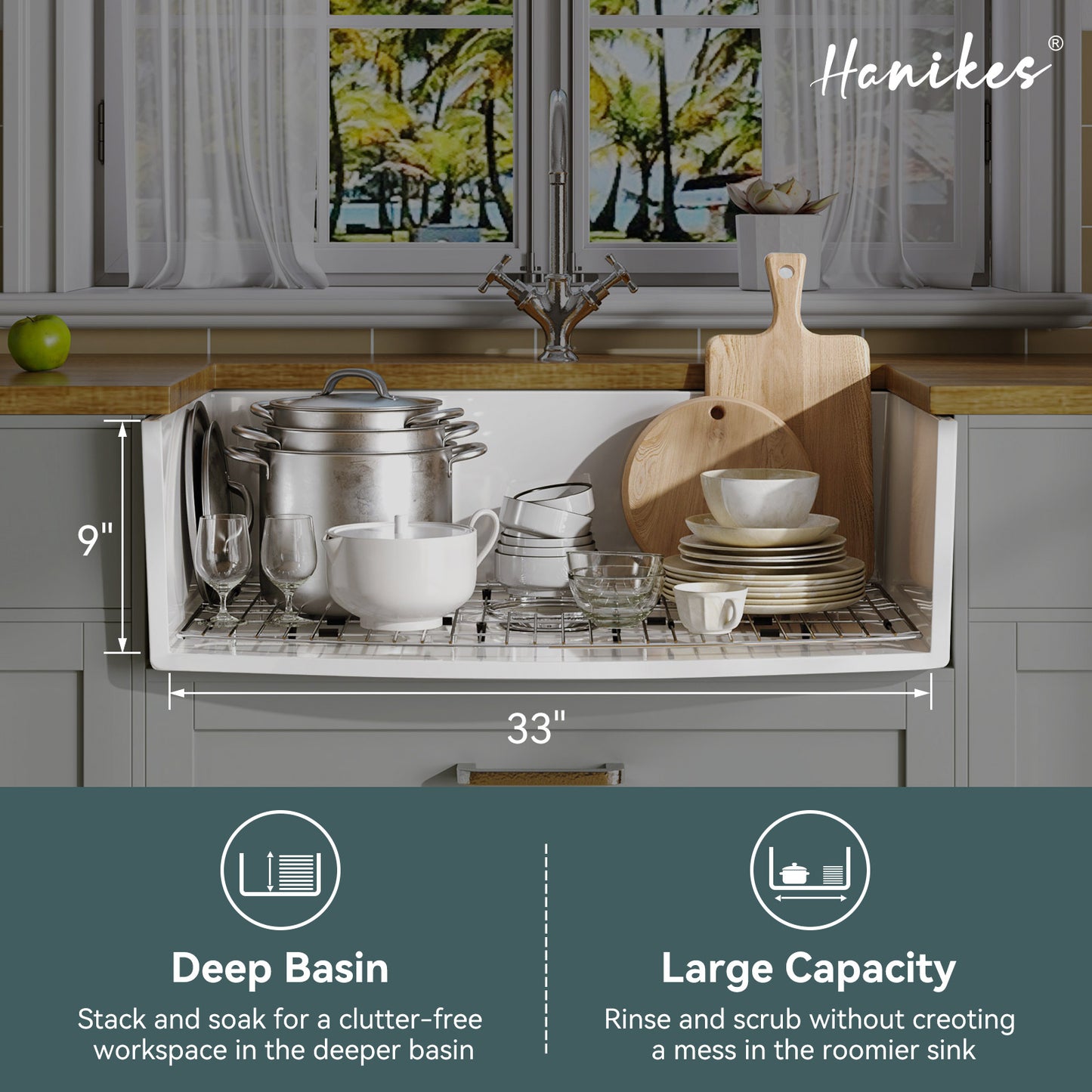 Fireclay 33 in. Farmhouse Apron Front Single Bowl Kitchen Sink Workstation Curved White with Bottom Grid and Strainer