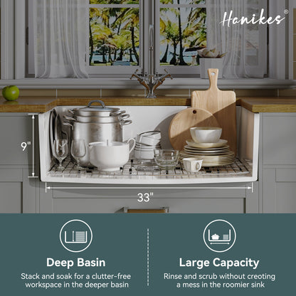 Fireclay 33 in. Farmhouse Apron Front Single Bowl Kitchen Sink Workstation Curved White with Bottom Grid and Strainer
