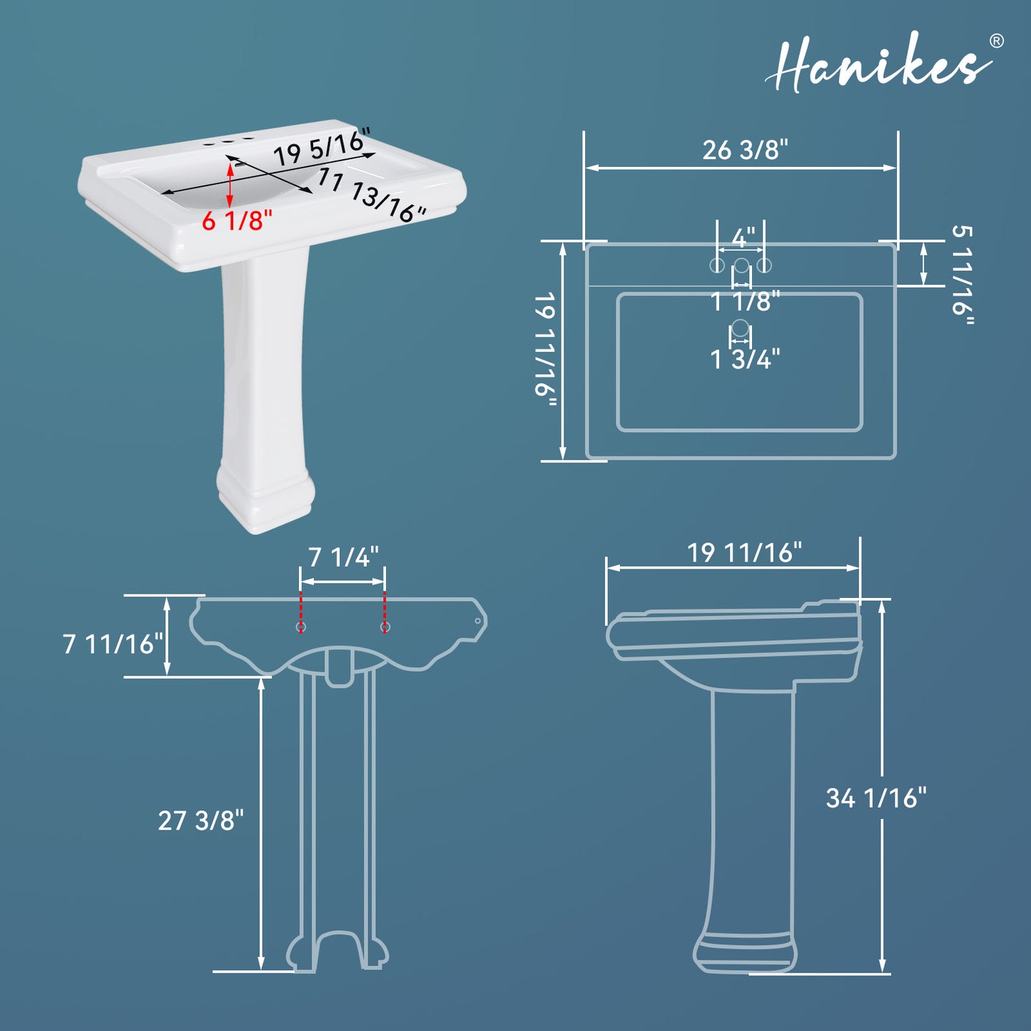 26 in. White Vitreous China Rectangular Pedestal Combo Bathroom Sink in White with 4 in. Centerset Faucet Holes