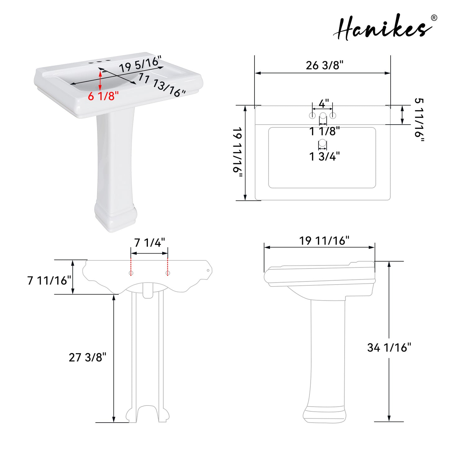 26 in. White Vitreous China Rectangular Pedestal Combo Bathroom Sink in White with 4 in. Centerset Faucet Holes