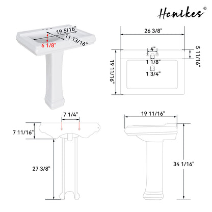 26 in. White Vitreous China Rectangular Pedestal Combo Bathroom Sink in White with 4 in. Centerset Faucet Holes