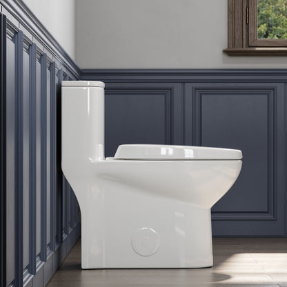 1-Piece 1.1/1.6 GPF Dual Flush Compact Elongated WaterSense Toilet in White Soft Close Seat Included