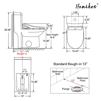 Smart Bidet Toilet Combo 1.1/1.6 GPF Round Toilet in White with Heated Seat, Front/Rear Wash, Dryer and Deodorizer