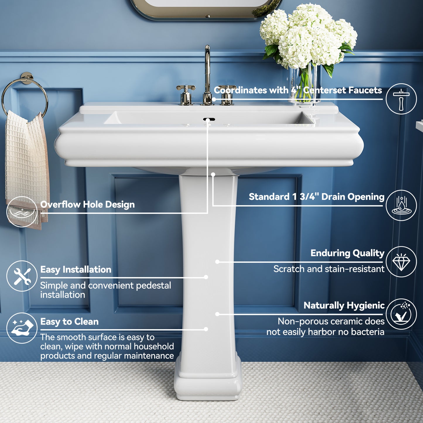 26 in. White Vitreous China Rectangular Pedestal Combo Bathroom Sink in White with 4 in. Centerset Faucet Holes
