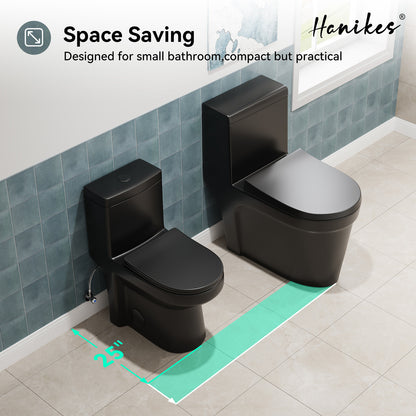1-Piece 1.1/1.6 GPF Dual Flush Compact Round Toilet in Black Soft Close Seat Included