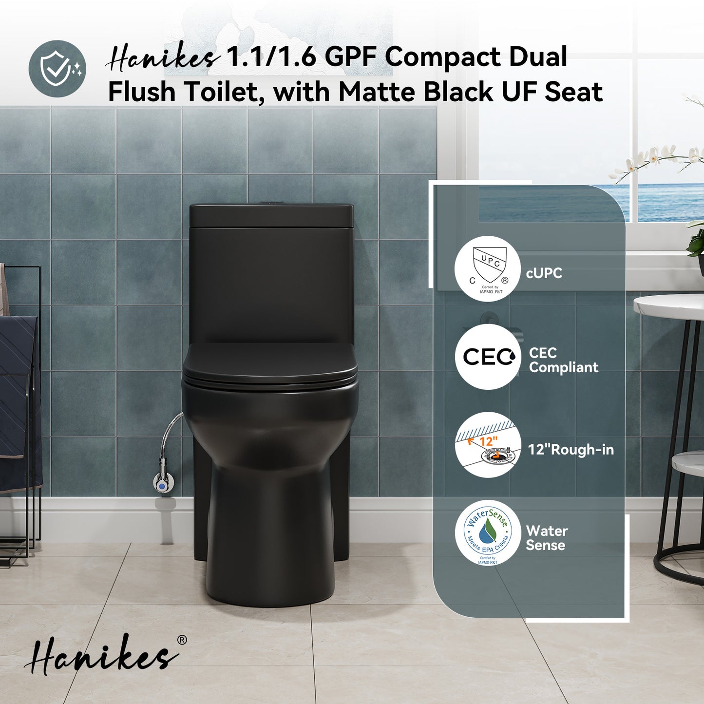 1-Piece 1.1/1.6 GPF Dual Flush Compact Round Toilet in Black Soft Close Seat Included