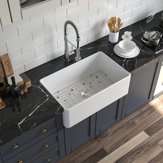 White Fireclay 30 in. x 20 in. Farmhouse Apron Front Single Bowl Kitchen Sink with Bottom Grid and Strainer