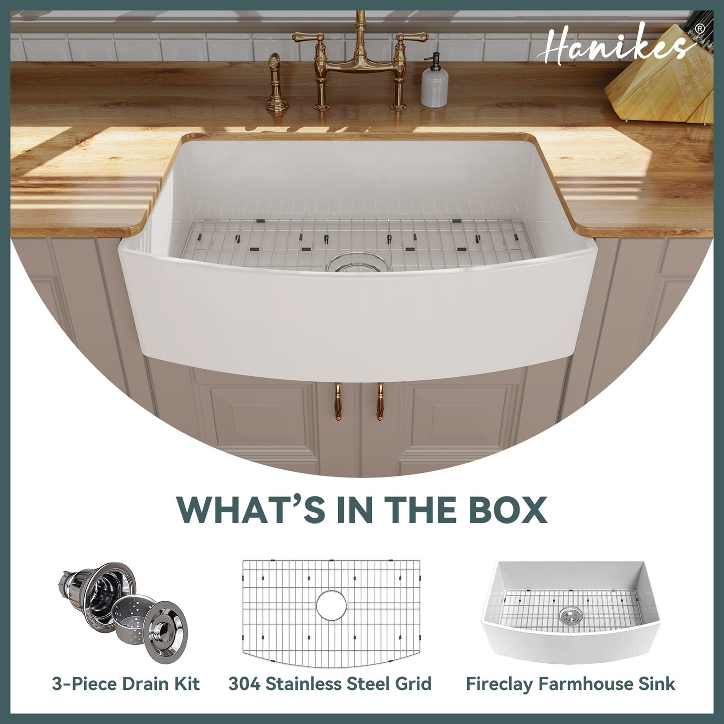 Fireclay 33 in. Farmhouse Apron Front Single Bowl Kitchen Sink Workstation Curved White with Bottom Grid and Strainer