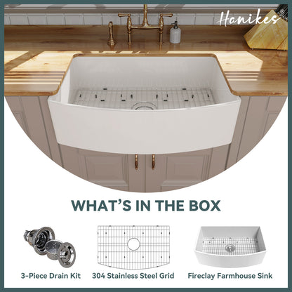 Fireclay 33 in. Farmhouse Apron Front Single Bowl Kitchen Sink Workstation Curved White with Bottom Grid and Strainer