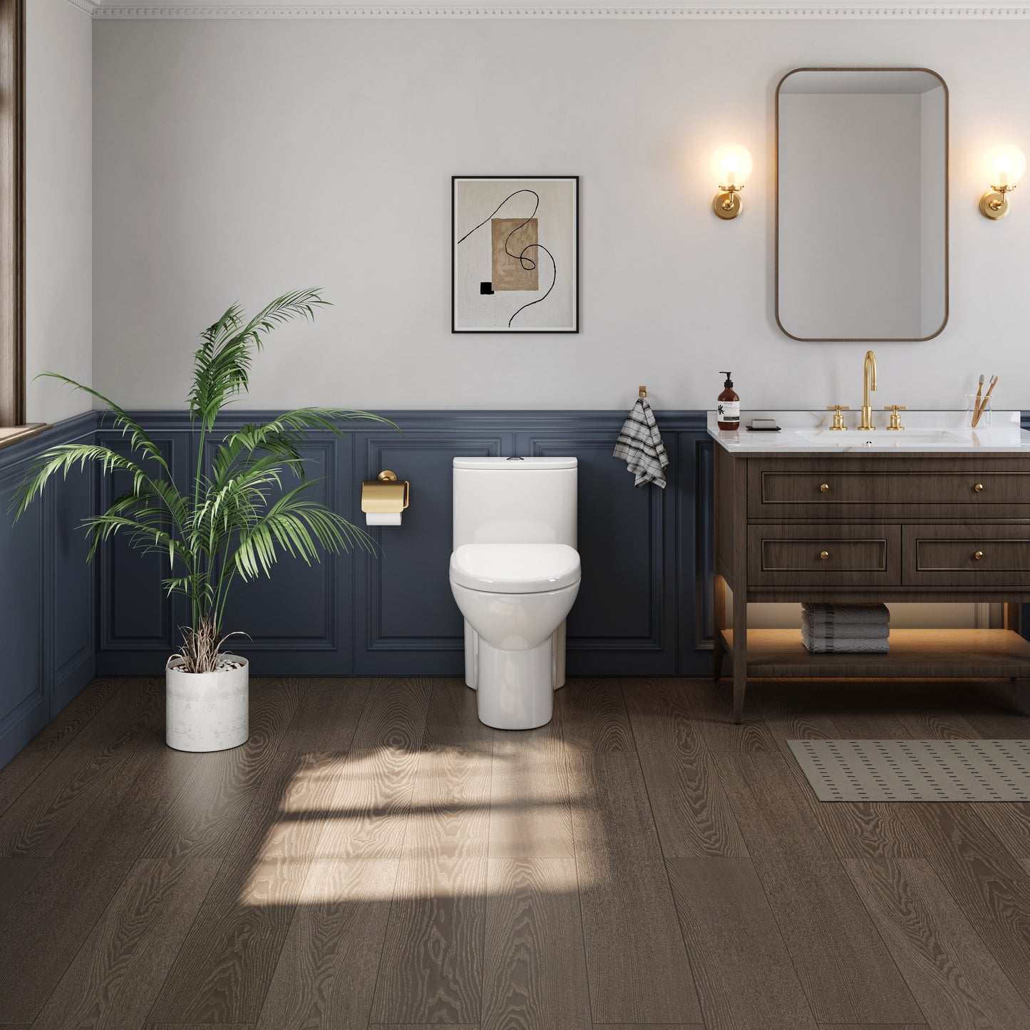 1-Piece 1.1/1.6 GPF Dual Flush Compact Elongated WaterSense Toilet in White Soft Close Seat Included