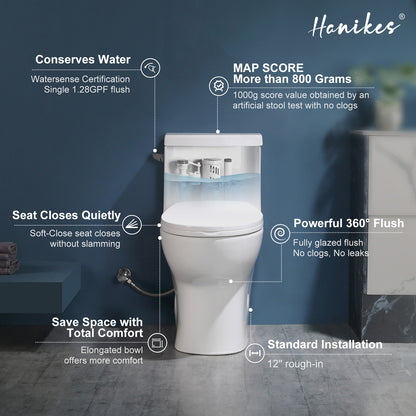 One-Piece 1.28 GPF Single Flush Elongated Toilet in White, Soft Close Seat Included