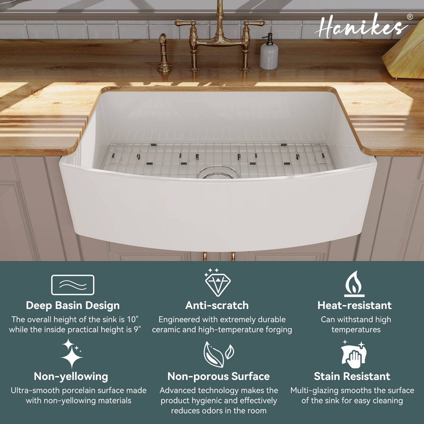 Fireclay 33 in. Farmhouse Apron Front Single Bowl Kitchen Sink Workstation Curved White with Bottom Grid and Strainer
