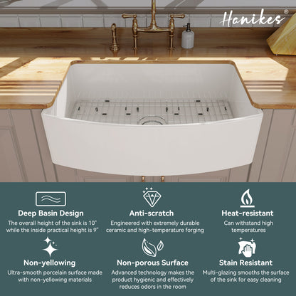Fireclay 33 in. Farmhouse Apron Front Single Bowl Kitchen Sink Workstation Curved White with Bottom Grid and Strainer