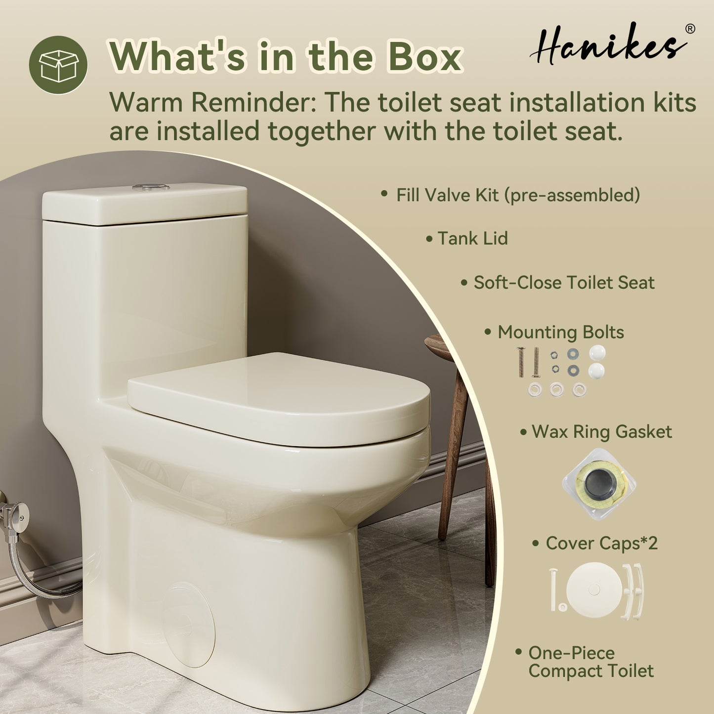 1-Piece 1.1/1.6 GPF Dual Flush Compact Round Toilet in Biscuit Soft Close Seat Included